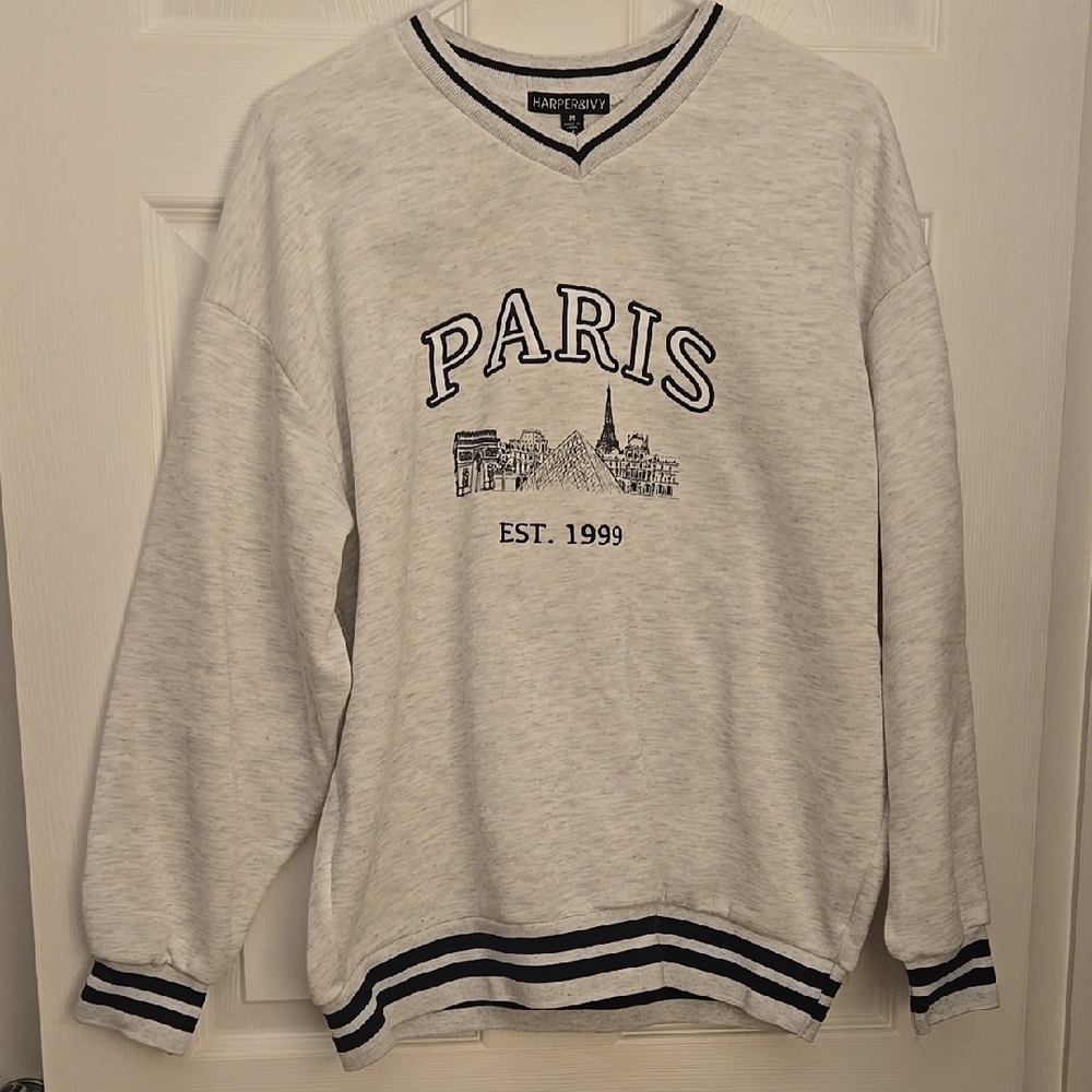 EUC--Paris Emroidered White/Heather Gray V-neck Sweatshirt